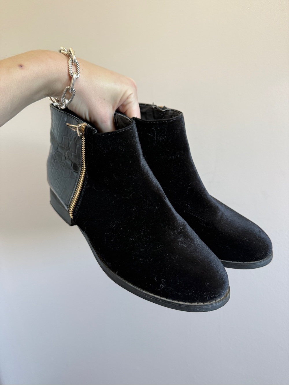 Black Velvet Ankle Boots with Gold Zip